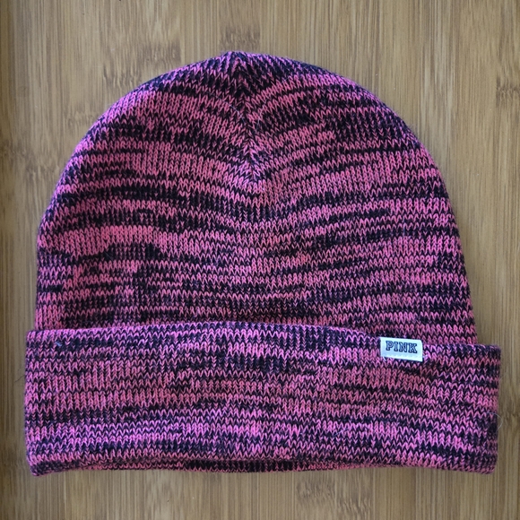 Victoria's Secret PINK Beanie Hat Pink & Black Knit OS Stretch Ribbed Winter Cap - Picture 7 of 7